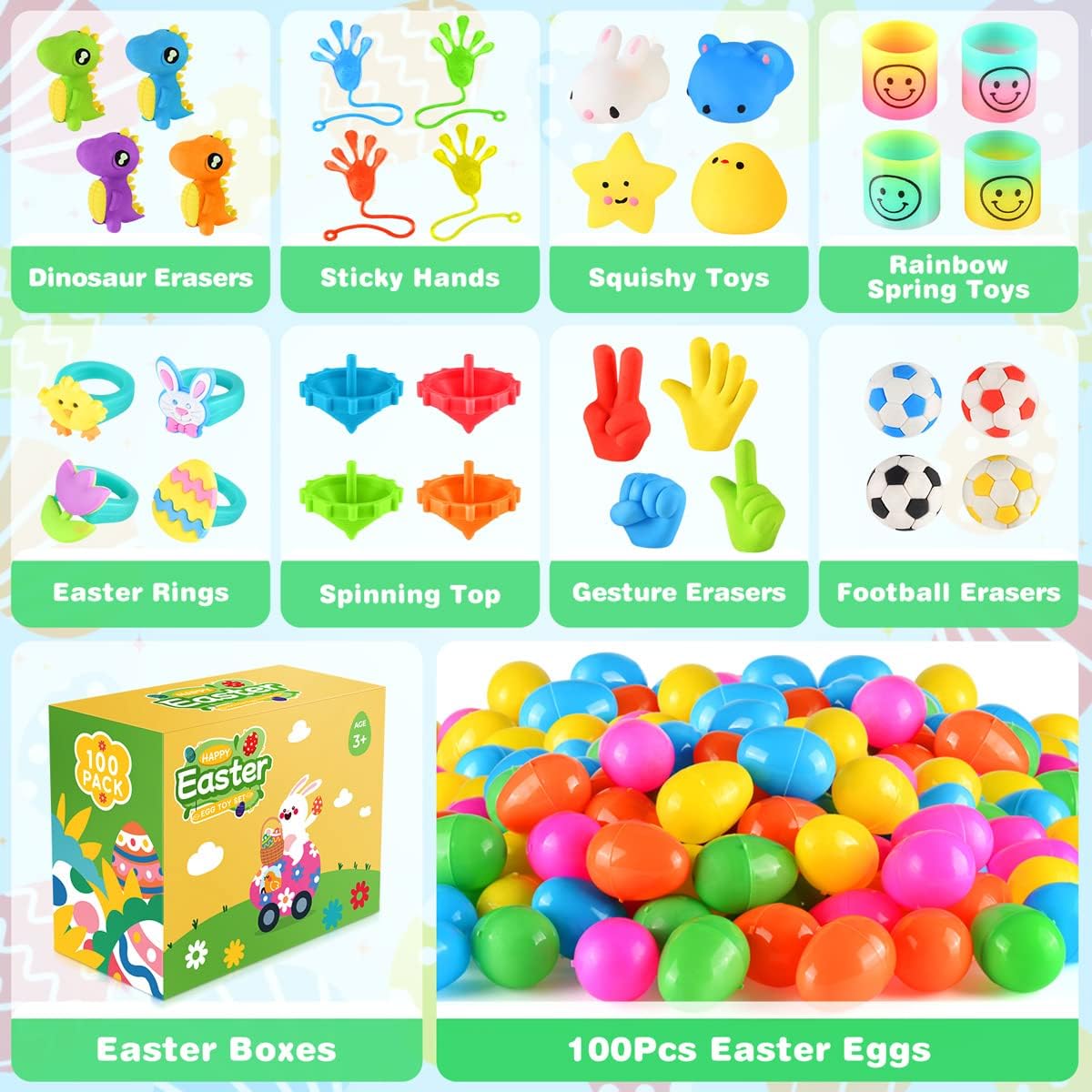 Jyusmile 100 Pack Prefilled Easter Eggs with Toy, Filled Plastic Easter Eggs, Surprise Eggs with Assorted Toys, Easter Egg Hunt, Easter Basket Stuffers, Party Favors Bulk for Kids/Toddlers/Boys/Girls