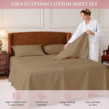 MyGiza Sheets 4 Pcs Top Split King Sheet Sets for Adjustable Bed, 100% Giza Cotton Perfect for Sleep Number Beds, King 34 Down Flex Head, Fits 16 Deep Mattress, Taupe Solid