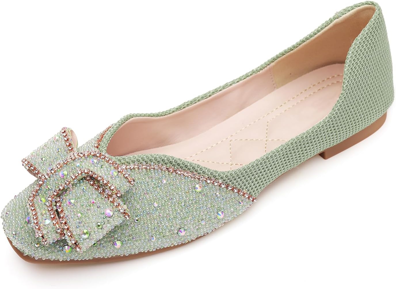 Women's Square Head Flat Shoes Fashion Glittering Rhinestone Bride Wedding Dress Shoes Comfortable Non Slip Slip on Walking Shoes