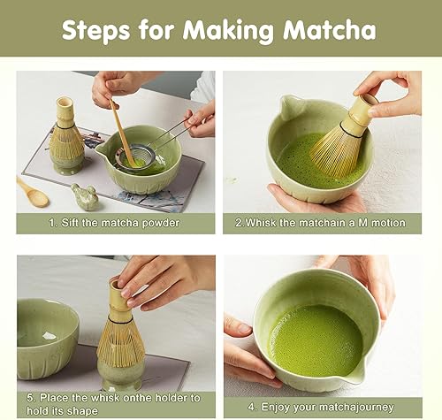 Miniatura 2 de Juego de batidor de matcha, 5 piezas para ceremonia, juego de cuencos de cerámica con boquilla, batidor de bambú (Chasen) con soporte de cerámica,