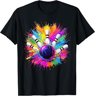 Colorful Bowling Game Ball and Pins Color Splash Art Bowlers T-Shirt