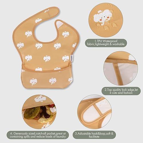 Vista 4 de Soarwg Kids Baby Bibs, 5 Pack Waterproof Bibs for Unisex Boys Girls, Essential Must Have for Babies Eating, Feeding Cartoon