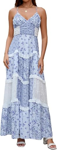 ABYOVRT Women Floral Maxi Dress Spaghetti Straps V Neck Patchwork Flowy Boho Sundress Tiered Long Dresses