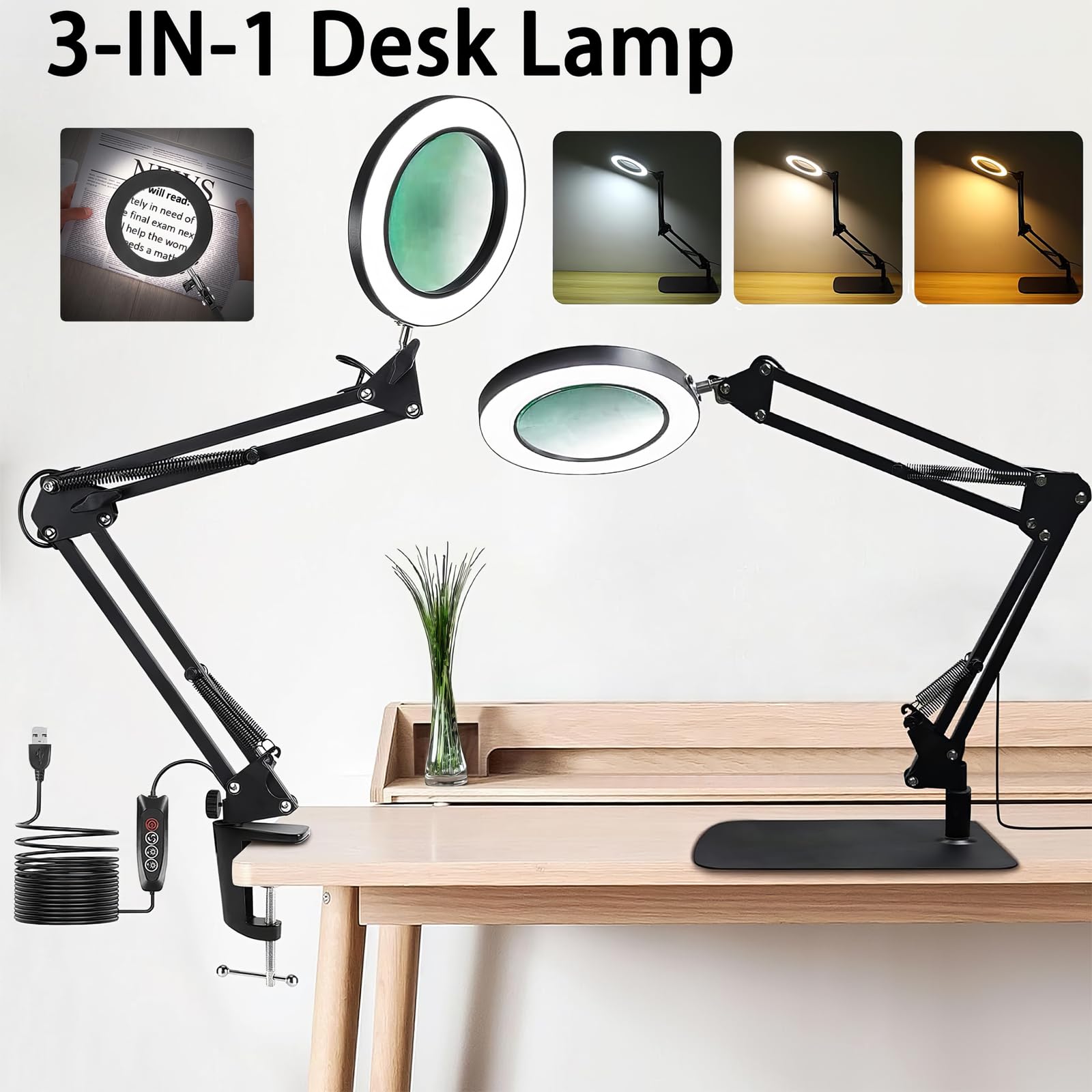 Viiwuu 15X Magnifying Glass with Light, LED Desk Lamp with Base and Clamp, 3 Color Modes, 10 Brightness, 72 LEDs - Image 2