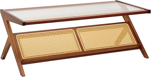 Miniatura 9 de Mesa de centro de bambú, mesa de centro de ratán con parte superior de vidrio, mesas centrales de madera de mediados de siglo, modernas mesas de té