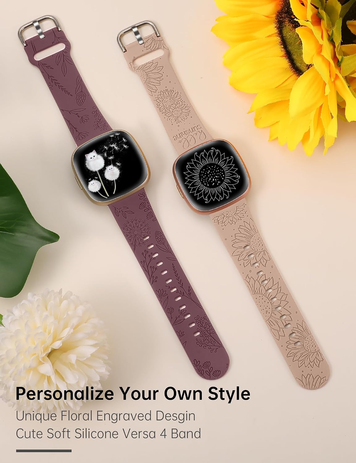 Minyee 2 Packs Floral Engraved Band Compatible with Fitbit Versa 4/Versa 3/Sense 2/Sense Band Women, Cute Silicone Dandelion Sunflower Design Soft Sport Fancy Summer Strap for Versa 4 image 4