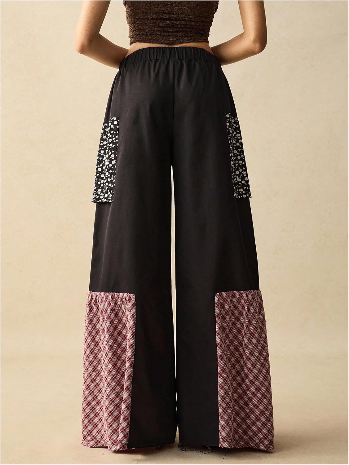 BEAUDRM Women's Wide Leg Palazzo Pants Vintange Plaid Patchwork Baggy Pants Star Tie Front Loose Loose Elastic Waist Pants