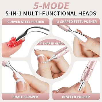 5 in 1 Cuticle Pusher Set with Aluminum Handle Precision Nail Cleaner Remover Tool for Manicure & Pedicure