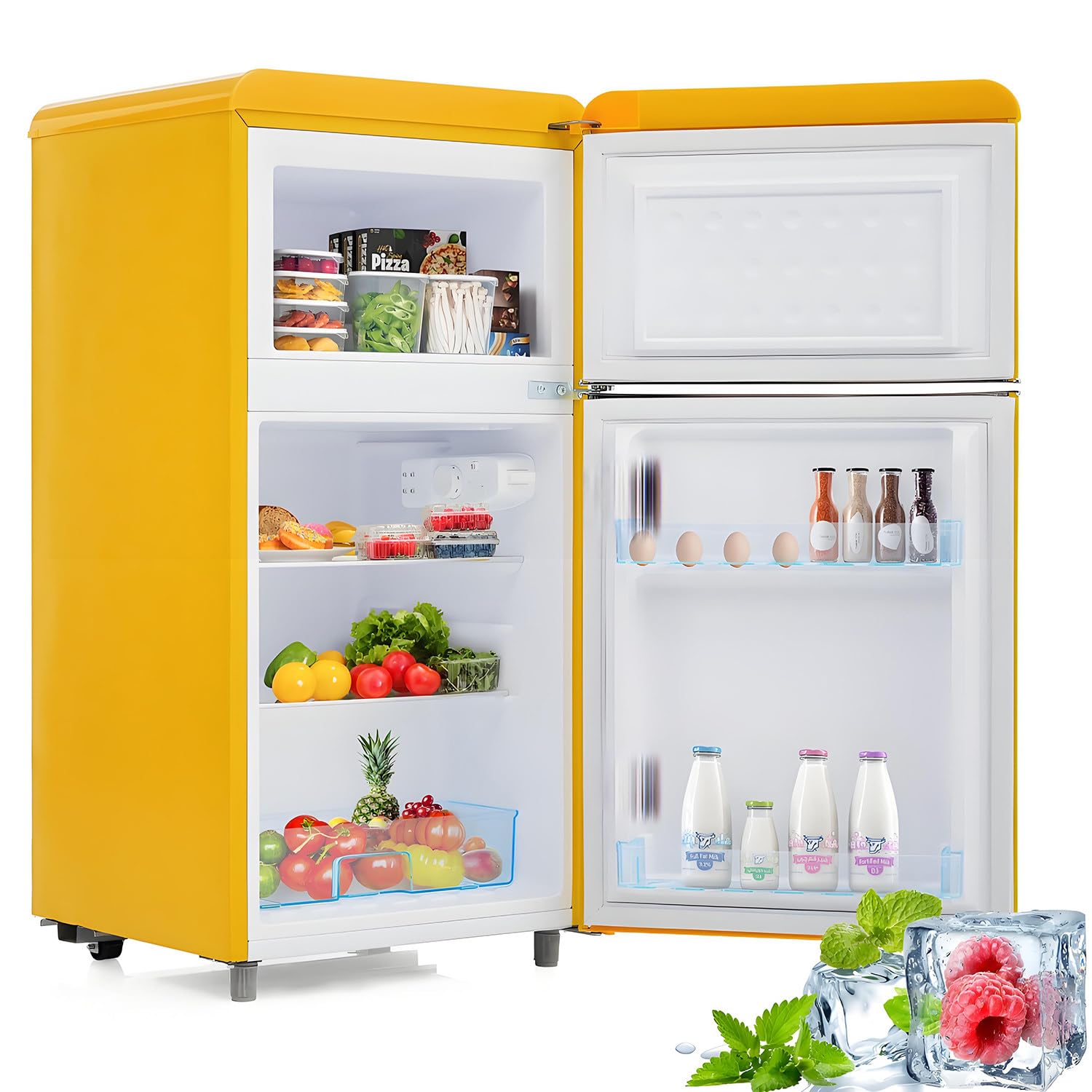Frigorífico retro de dos puertas, superior e inferior, 72 litros de volumen total y 21 litros de congelador, 120 kWh/año, luz LED, clase energética E,Yellow