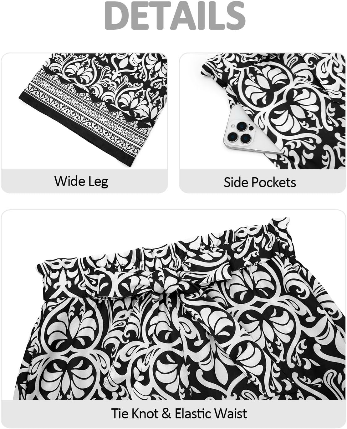 Yousify Women's Wide Leg Boho Pants High Waisted Printed Palazzo Pants Casual Flowy Tie Knot Vacation Trousers with Pockets