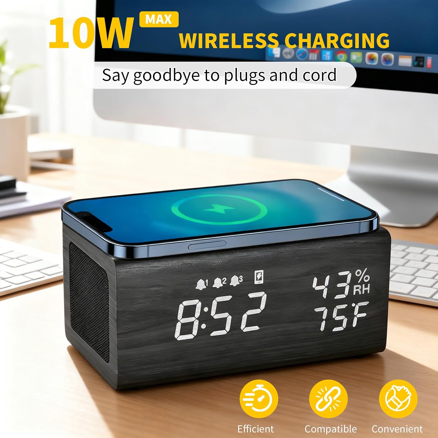 Wooden Digital Alarm Clocks,10W Wireless Charging with 3 Alarms, Dual 5W Stereo Bluetooth Speaker and Light Up with Sound, Adjustable Brightness Date Display Clock for Bedroom, Heavy Sleepers Adults image 4