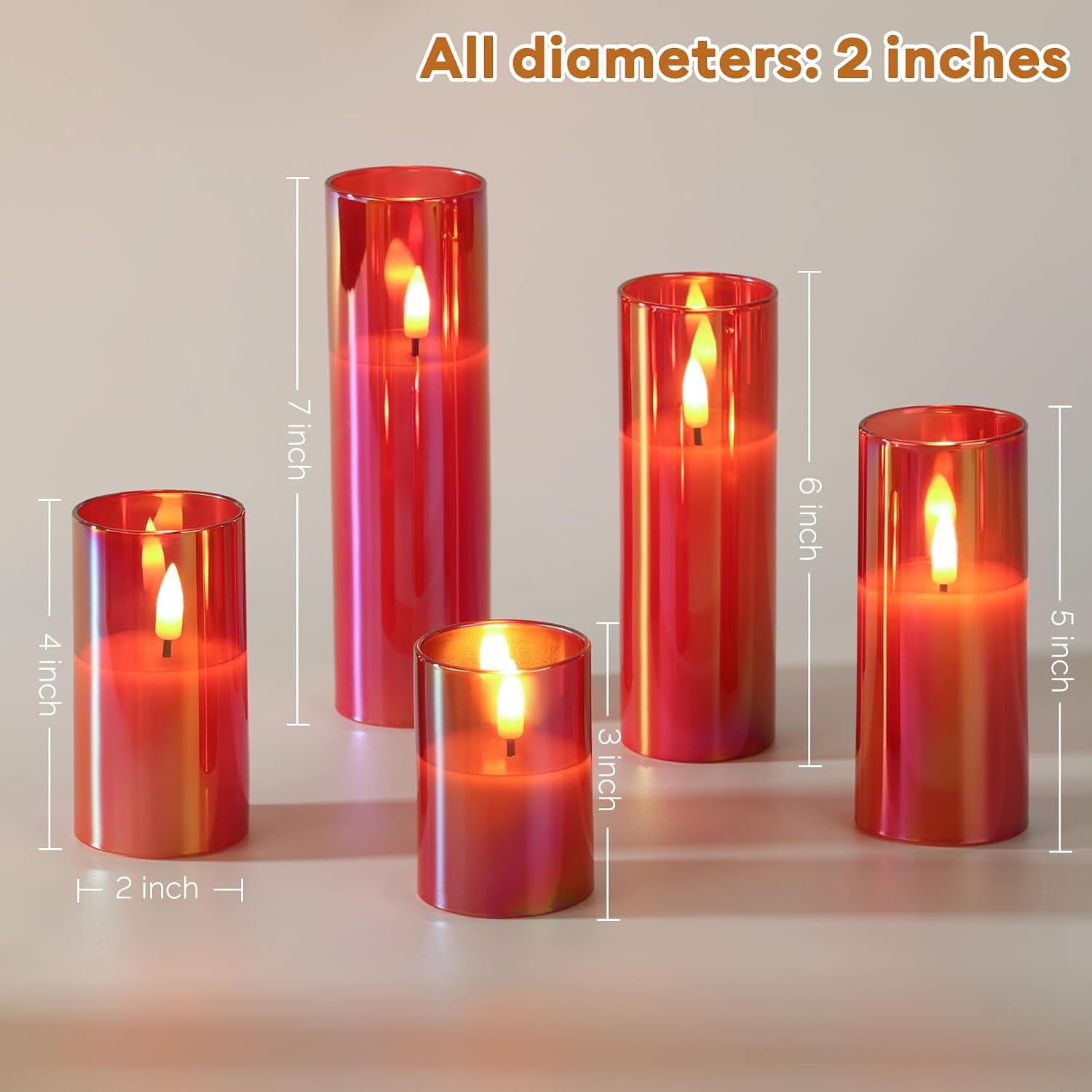 Red Glass Flameless Candles with Remote Batteries, Flickering Christmas LED Pillar Candles Set of 5