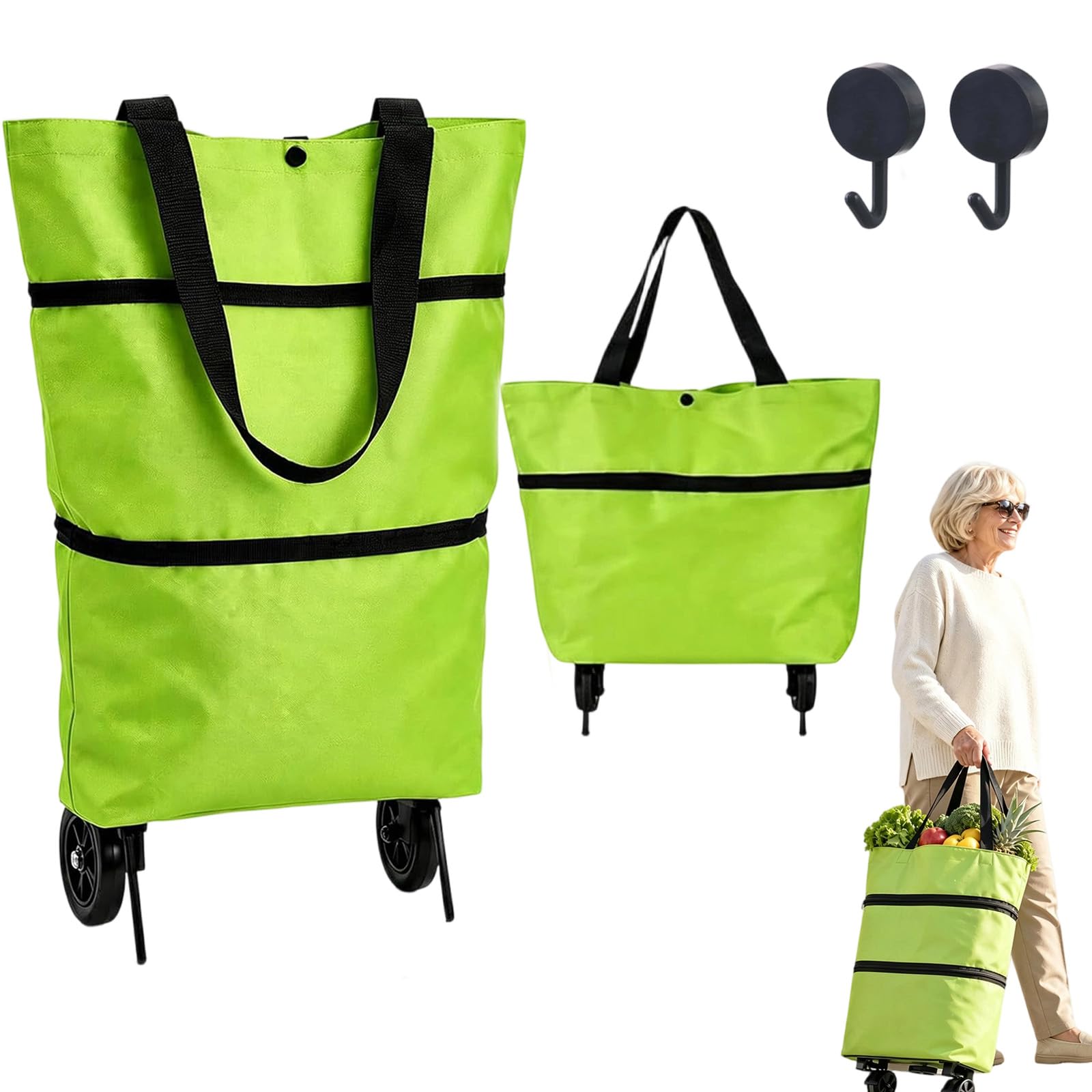 2-in-1 Foldable Shopping Cart with Wheels, Waterproof Oxford Fabric Grocery Bag Hand Truck, Collapsible Portable Rolling Tote for Supermarket,Laundry,Travel (B)
