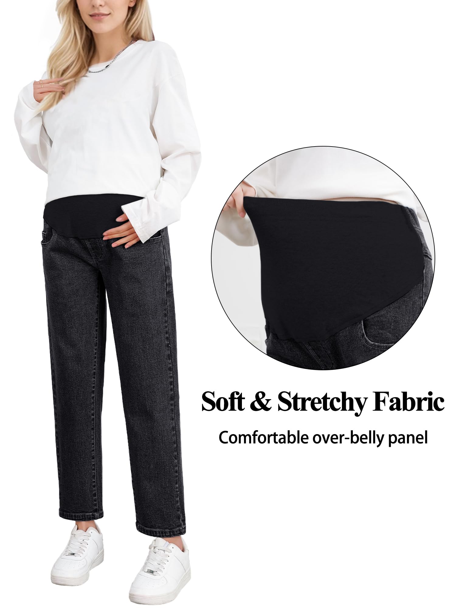 FEOYA Schwangerschaftsjeans Damen Umstandsjeans Umstandshosen Jeans mit weitem Bein Freizeitjeans Jeanshosen mit Taschen für Schwangere