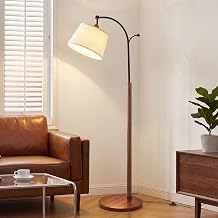 Floor Lamp, Arched Wood Floor Lamp, Linen Shade, Dimmable 3 Color Temperatures, Foot Switch & Coat Hook for Living Room Bedroom Nursery - Wood Grain