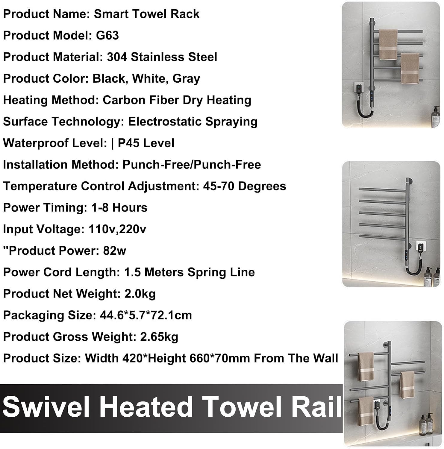 Electric Rotating Towel Warmer Radiator Bathroom Accessories, Built-in Timer Temperature Control 5 Bars Electric Heated Towel Racks for Bathroom Stainless Steel Towel Warmer Drying Rack ,White