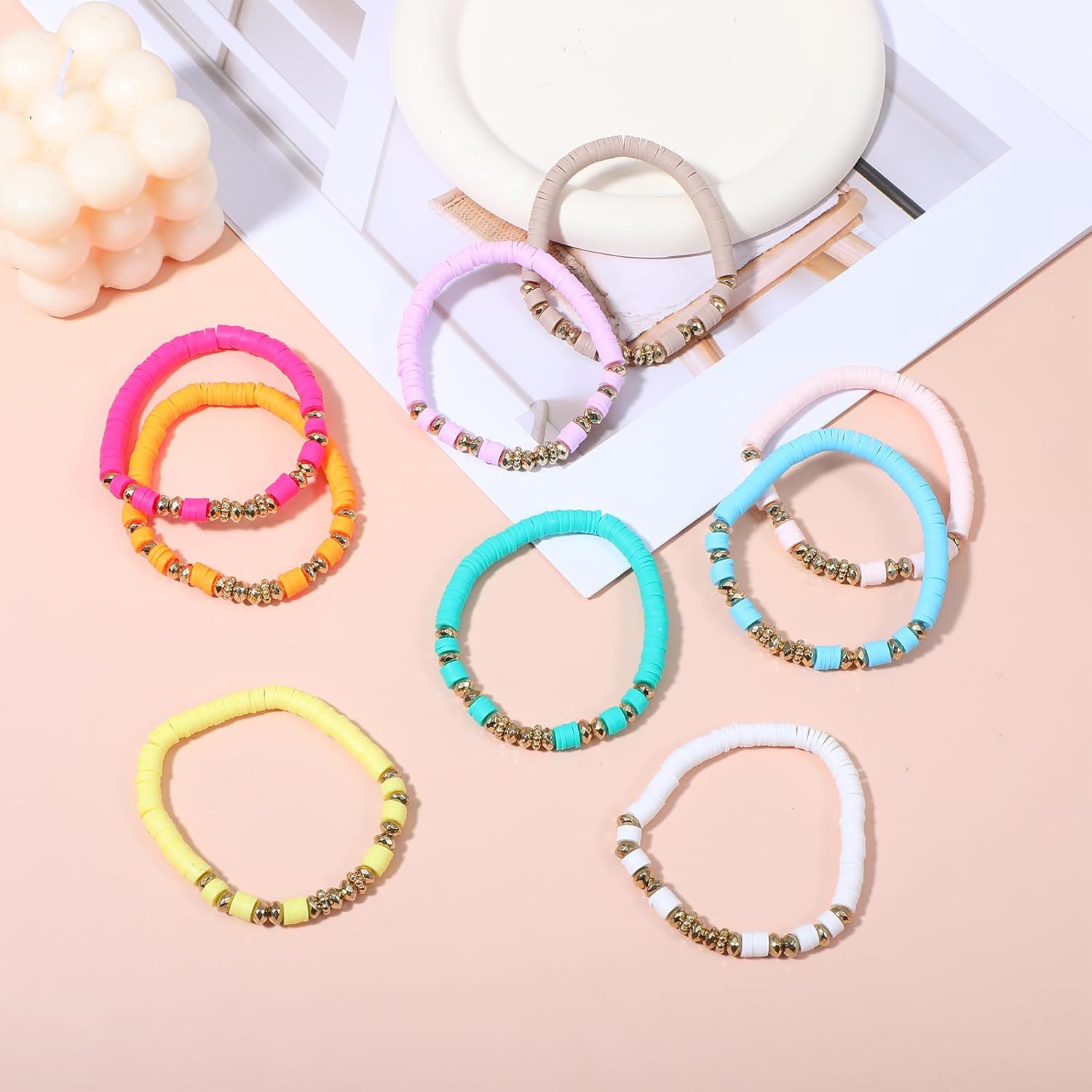 9Pcs Beaded Friendship Bracelets, Bulk Colorful Stretch Bracelets Surfer Clay Bead Bracelet for Women Party Favors - Image 6