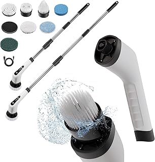 AMIFF Portable Electric Spin Scrubber for Cleaning Bathroom, Kitchen, Car, White 7-in-1 Electric Bathroom Scrubber with Long Handle, Powerful 2500 mAh Electric Shower Scrubber for Cleaning, Polishing