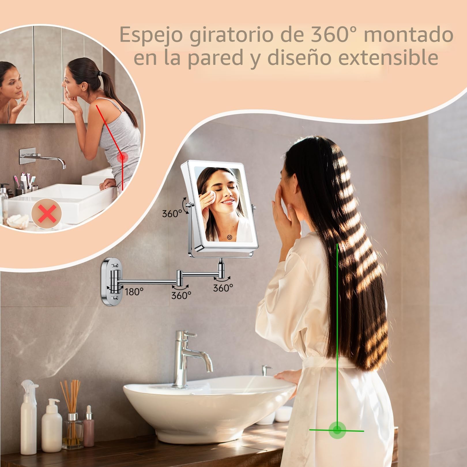 Famihomii 5000mAh Espejo de Maquillaje Recargable con iluminación LED, Espejo de Maquillaje con Aumento de 1/30x e Interruptor táctil, Espejo de Afeitar Regulable, Giratorio 360° (Cromo)