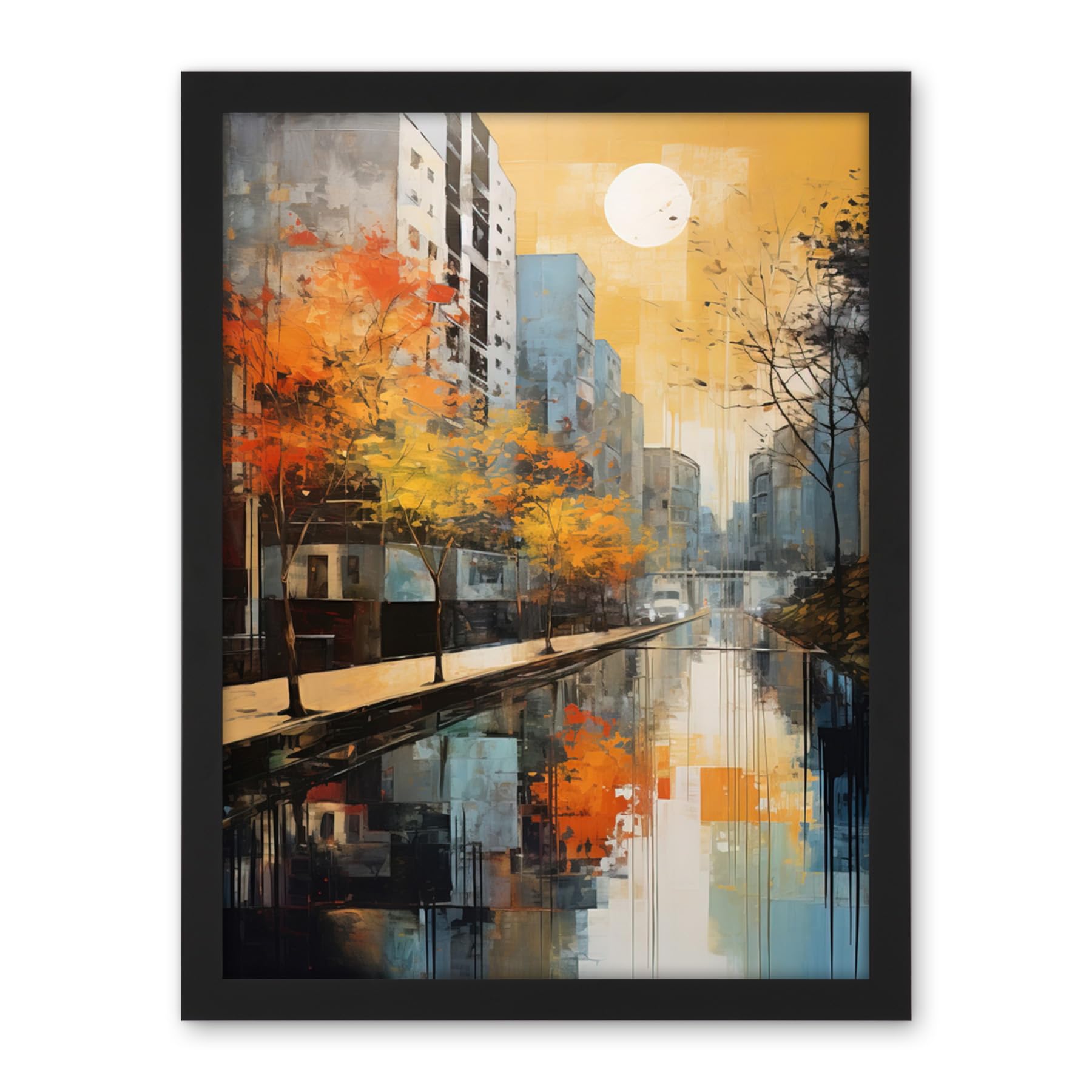 Artery8 Cityscape River Canal Oil Painting Blue Orange Trees Autumn in the City Artwork Framed Wall Art Print 18X24 Inch