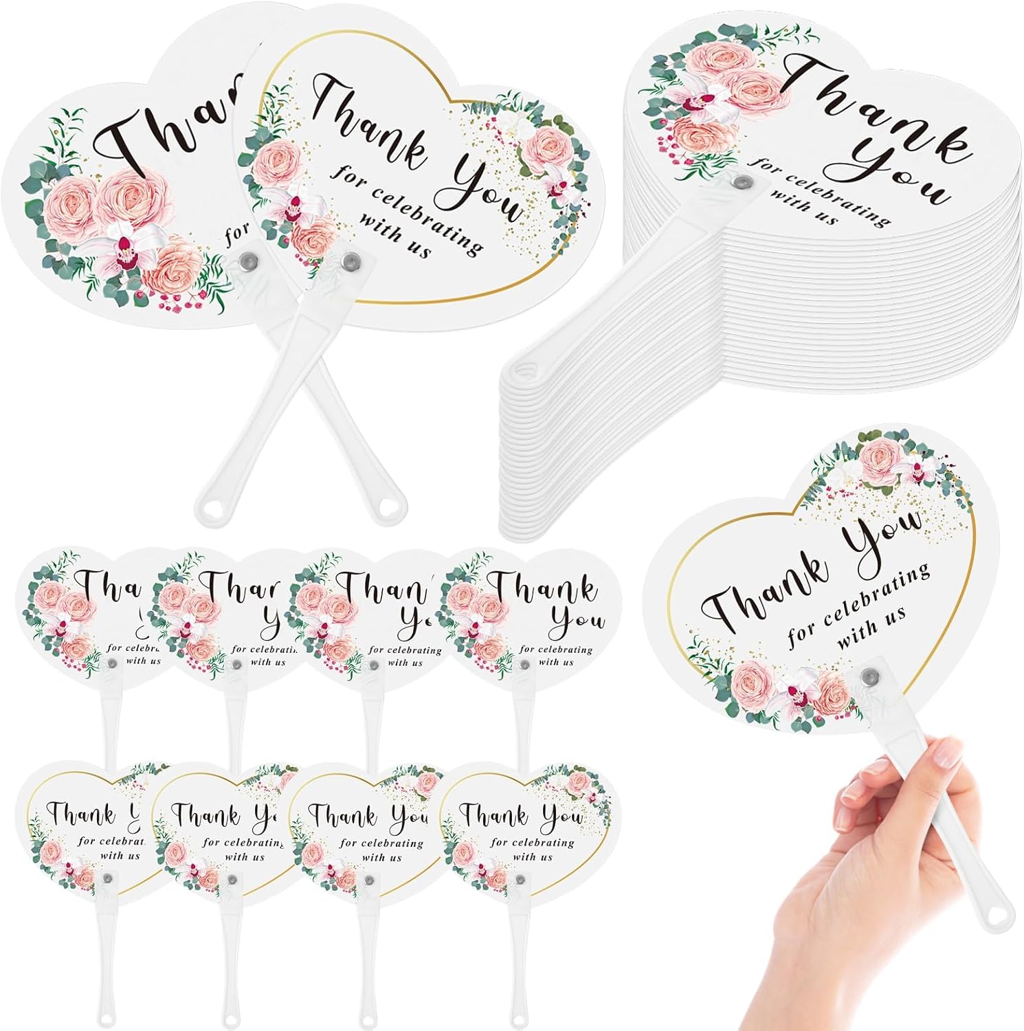 YLOLUL 100 Pcs Wedding Hand Fans Bulk Plastic Thank You for Celebrating with Us Heart Shape Guests Fans for Wedding Gift Party Favors