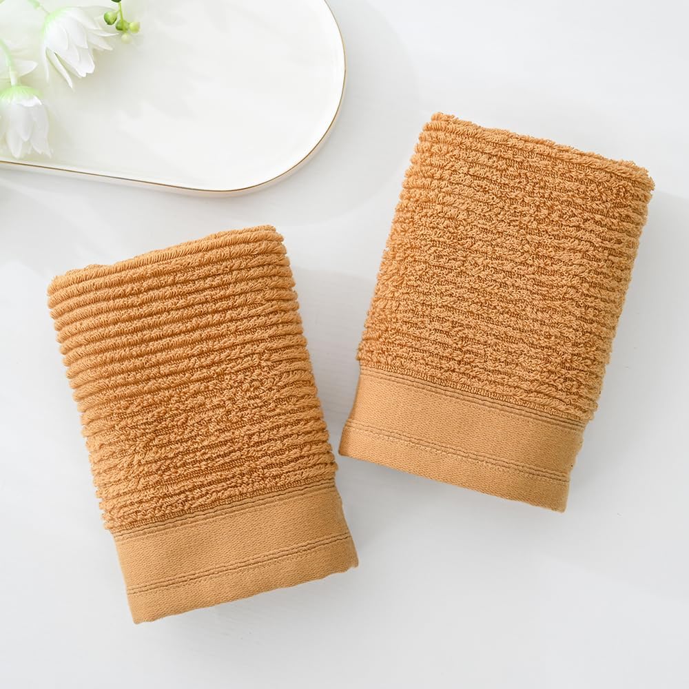 YiLUOMO Super Soft Mustard Orange Hand Towel Set of 2 Ribbed Striped Pattern 100% Cotton Absorbent Decorative Towel for Bathroom 13 x 29 Inch - Image 3