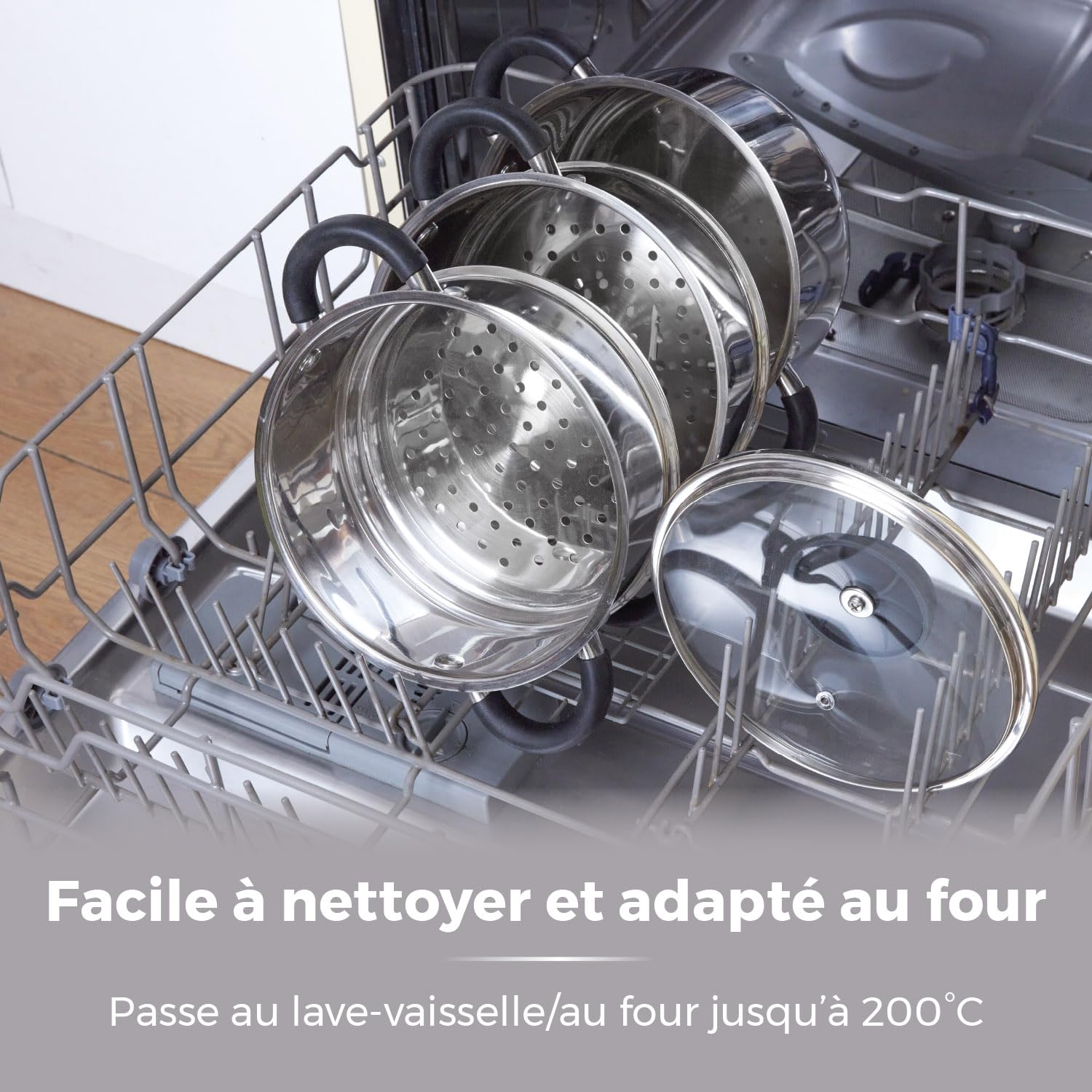 Tower T80836 Essentials Cuiseur Vapeur à Induction à 3 Étages en Inox -avec Couvercle en Verre, Poignées en Silicone - Électrique - Finition Poli-Miroir, 18 cm, Argenté