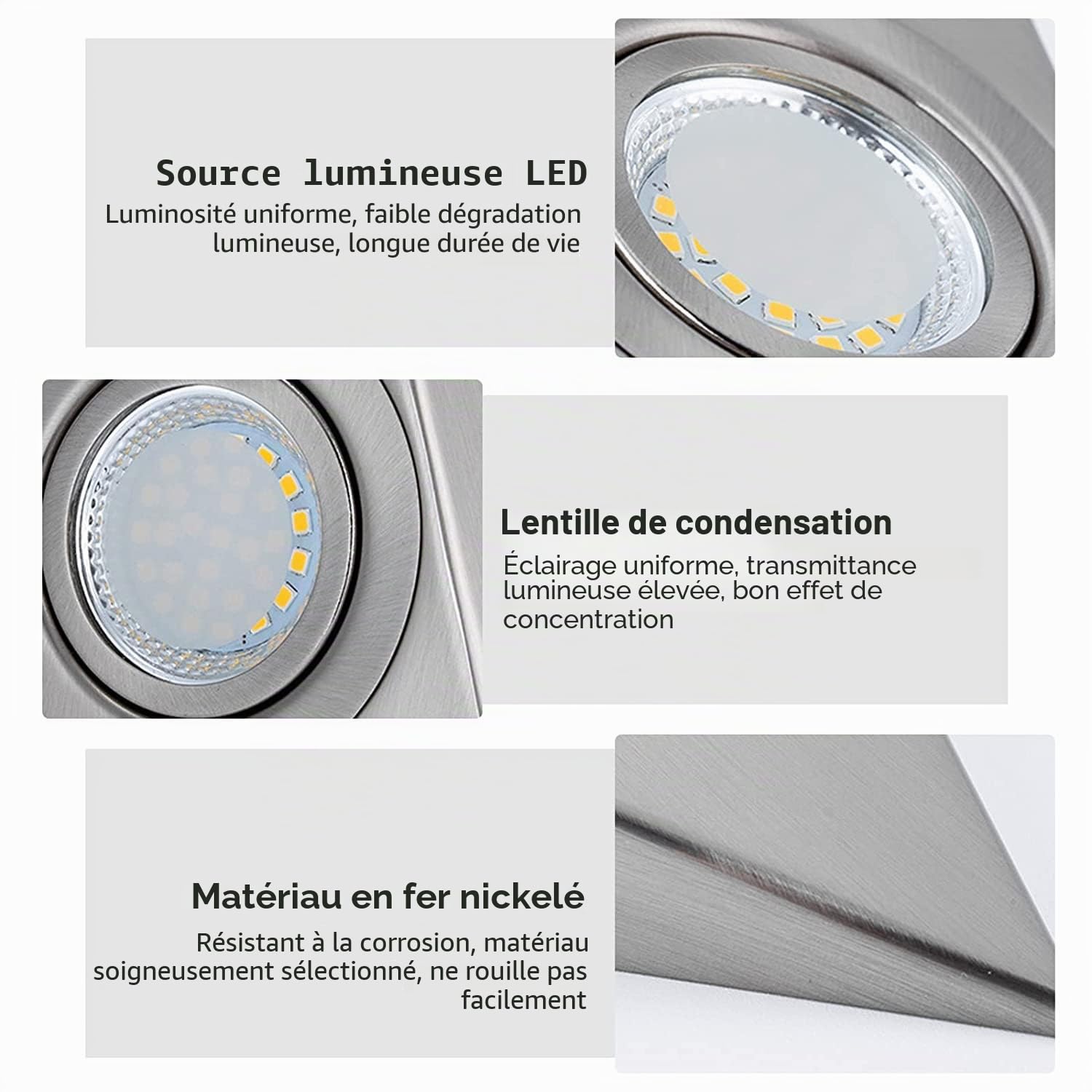 MENAYODA Lot de 3 spots LED triangulaires sous meuble avec interrupteur - En acier inoxydable - Pour entrée, armoire, armoire à vin, bibliothèque