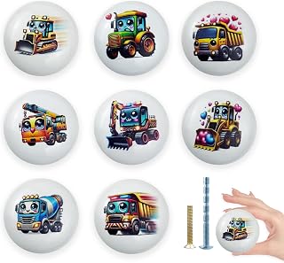 1.5" 8PCS Round Ceramic Cute Construction Truck Cabinet Knob Handles Furniture Kids Boys Nursery Room Door Cupboard Dresser Drawer and Knobs Pulls