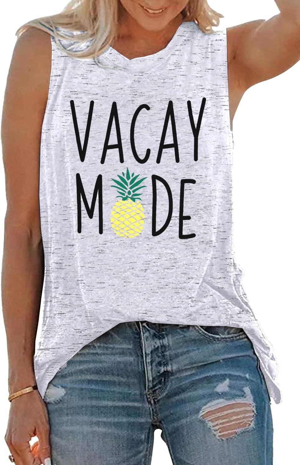 FLOYO Vacay Mode Tank Women Pineapple Graphic Tee Letter Print Tank Tops Summer Sleeveless Tank Casual Shirt