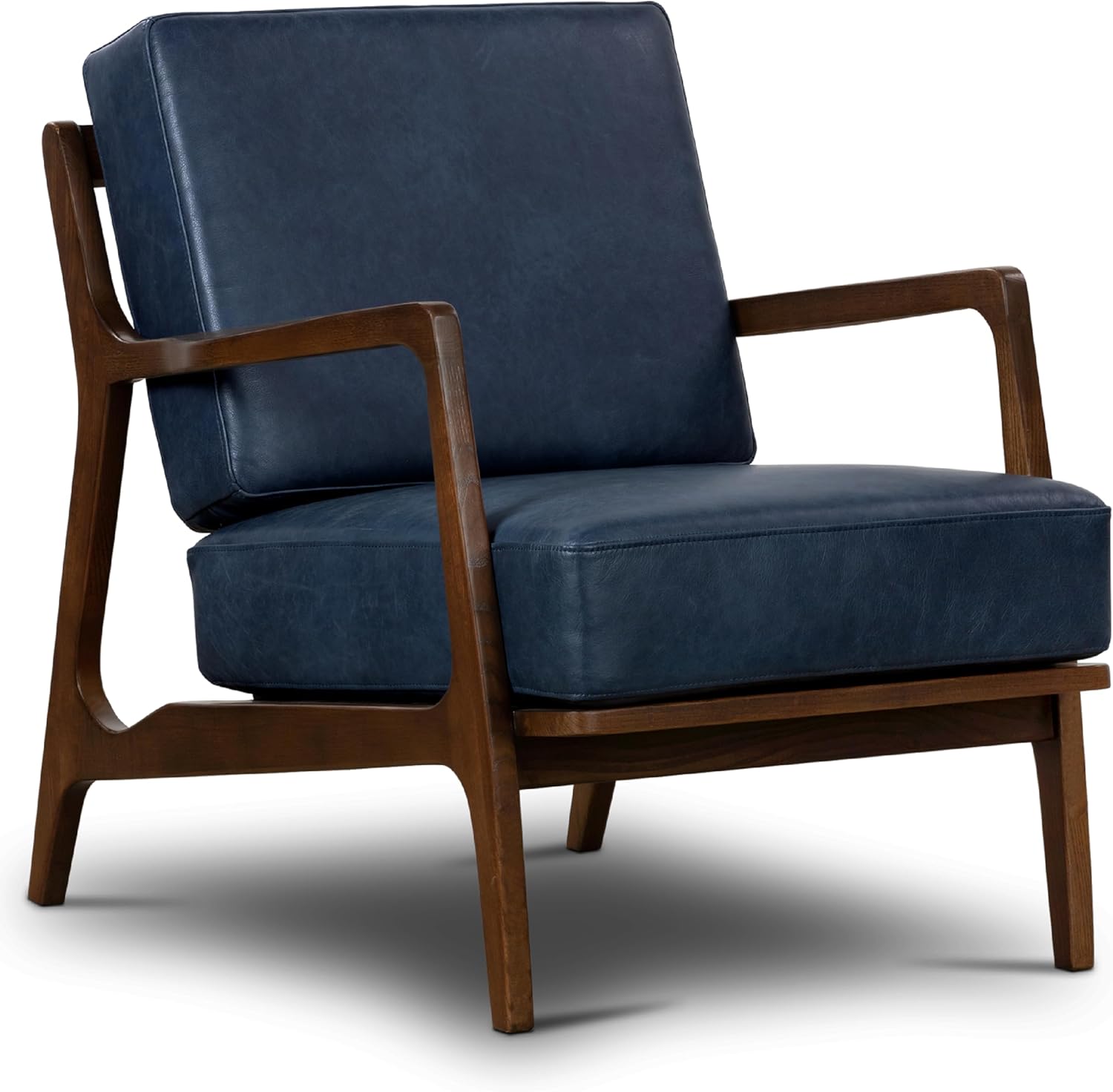 Poly & BARK Verity Leather Accent Chair – Armchair with Walnut Wood Frame – Fashion-Forward Lounge Seating for Living Room – Upholstered in Midnight Blue Leather for Modern Style