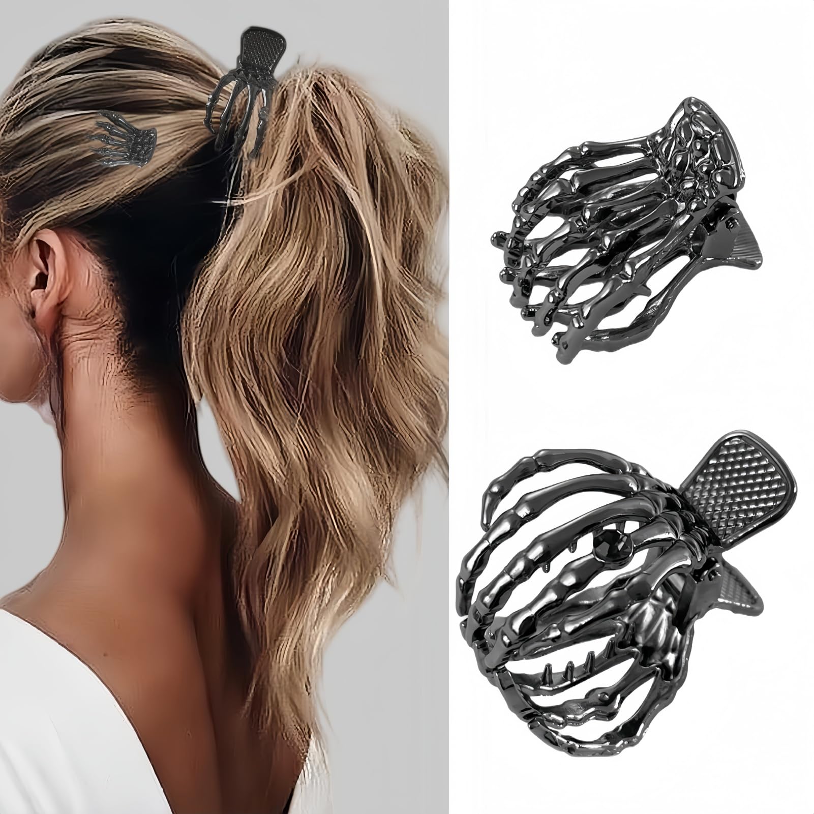 enophe 2PCS Y2K Skull Black Metal Hair Claw Clips for Women,Mini Halloween Skeleton Hand Small Hair Clips for Thin Thick Fine Hair,Non-slip Strong