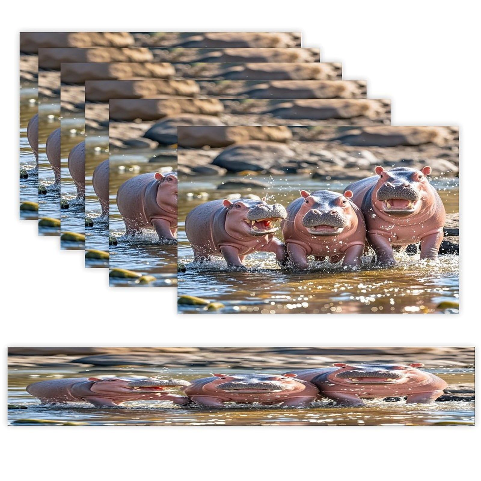 Hippos Table Runner and Placemats Set of 6 Stain Resistant Heat Resistant Place Mats for Kitchen Dining Table Mats Long Table Runner Modern Art Dining Decor for Daily Use