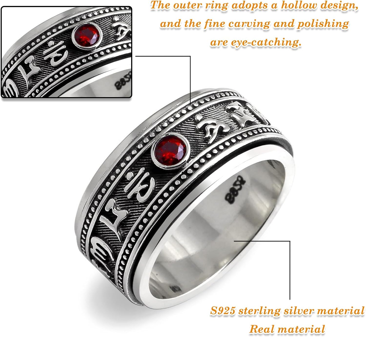 Feng Shui Ring, Tibetan Six Words Mantra Ring, S925 Stering Silver Engrave Cameo Rings Protection Amulet Wealth Lucky Love Jewelry for Men Women