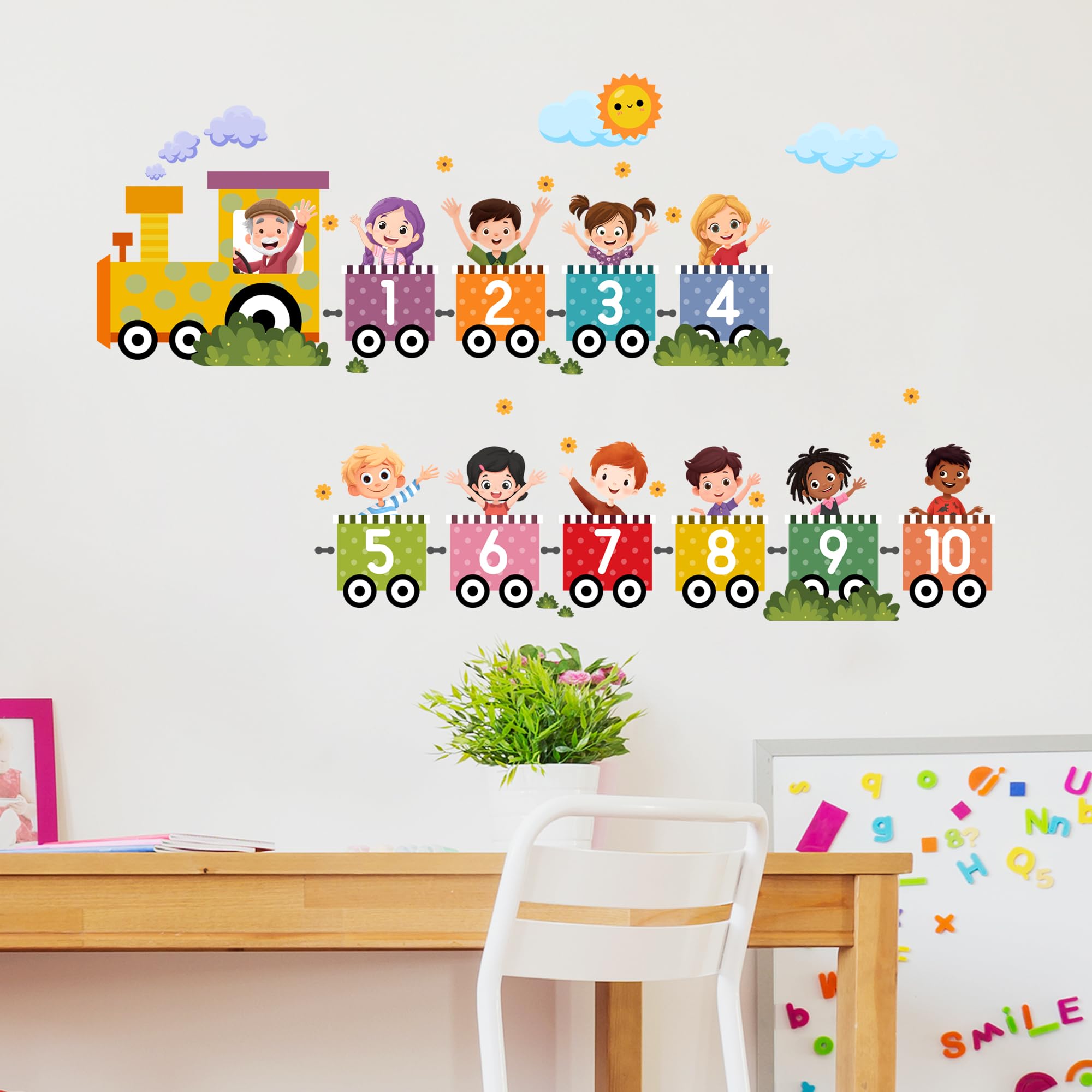 Chiffres et couleurs autocollants muraux train pour stimuler l'éveil des petits