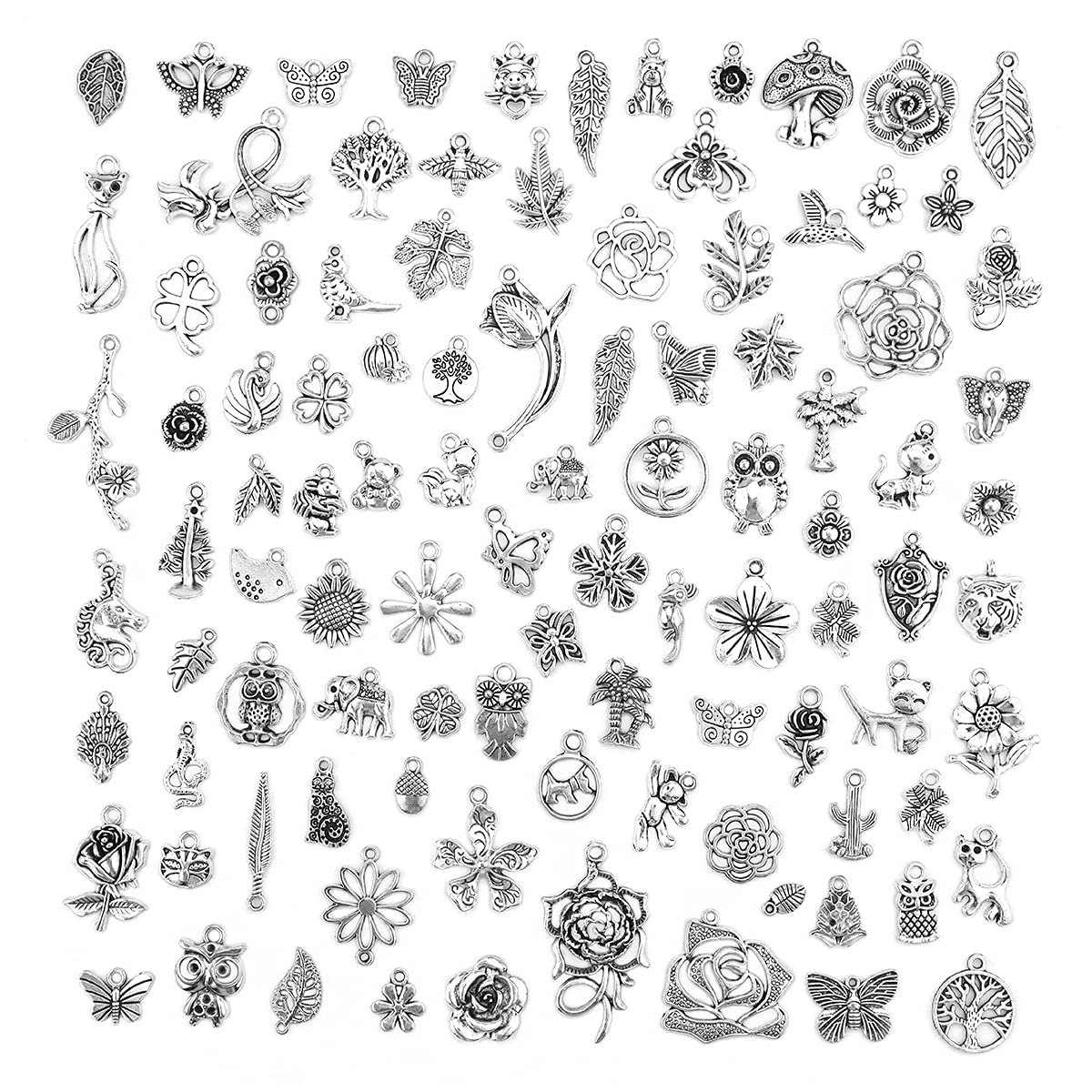 Silver Charms for Jewelry Making, 100 PCS Wholesale Bulk Tibetan Silver Charm Pendants for DIY Necklace Bracelet Earring Craft Supplies, Assorted Animals Beads Tree Leaf Flower Charms
