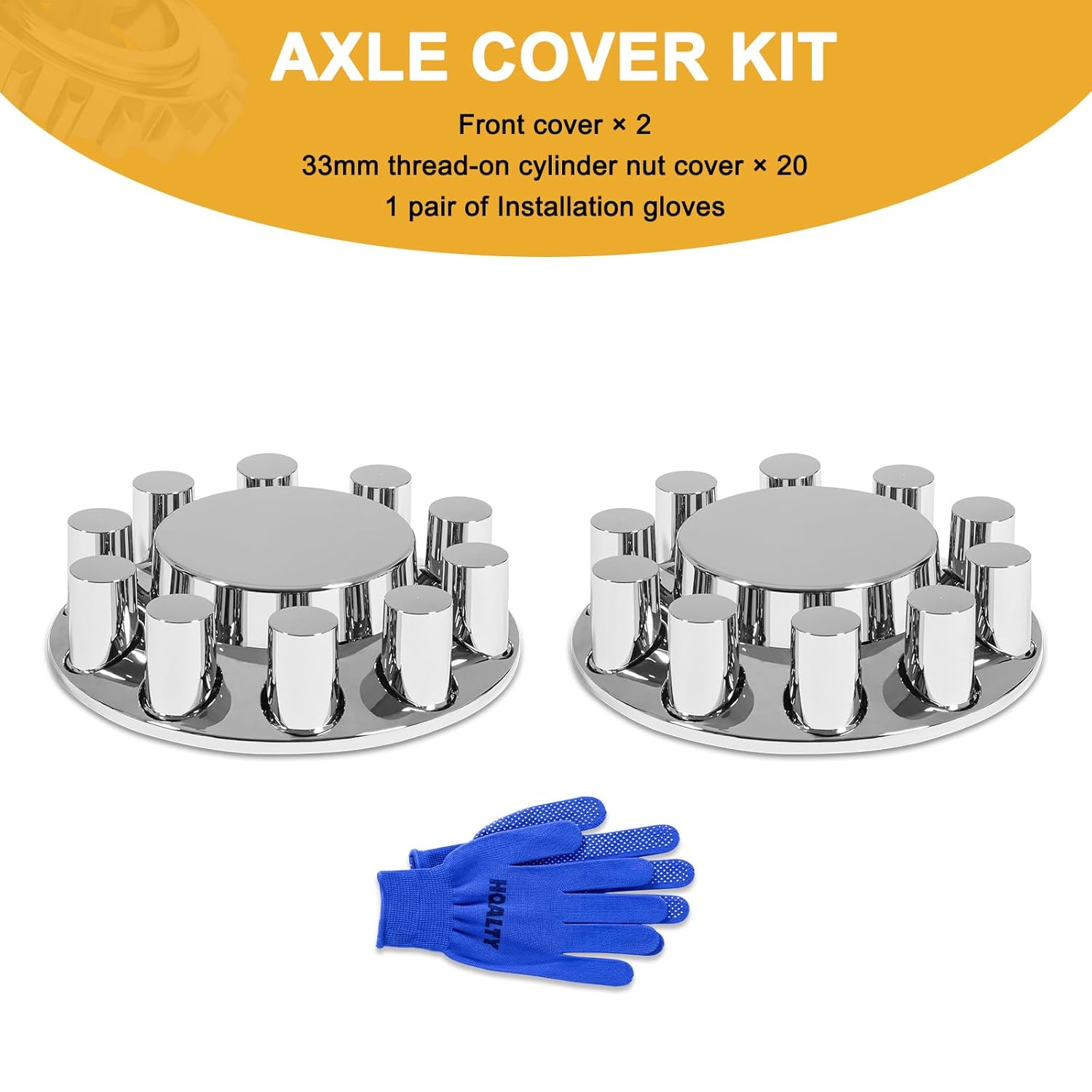 2 Front Axle Cover ABS Chrome Flat Top Kit with 33mm Thread-on Lug Nut Covers and Removable Center Caps for Semi Trucks