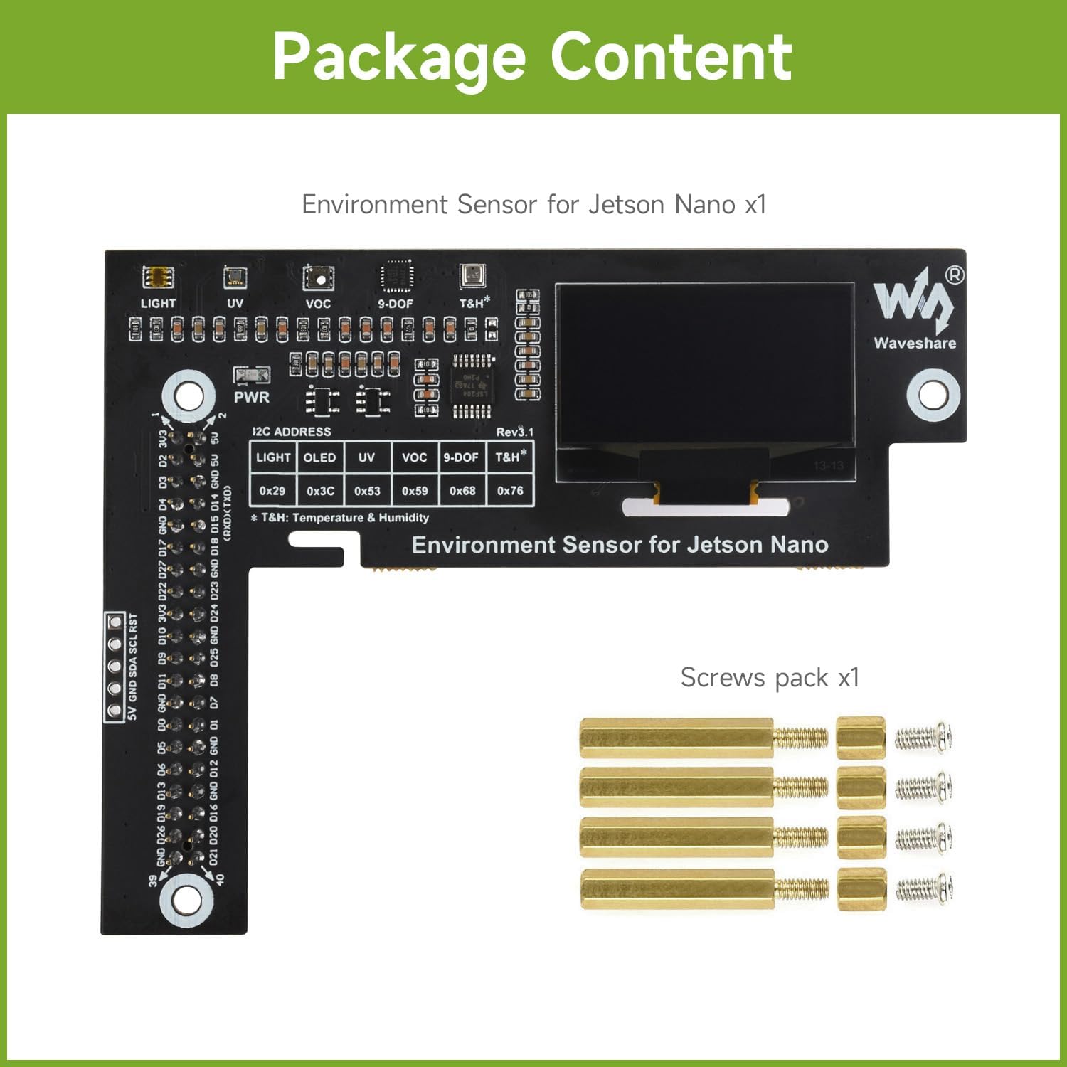 Waveshare Environment Sensors Module Designed for Jetson Nano I2C Bus with 1.3inch OLED Display