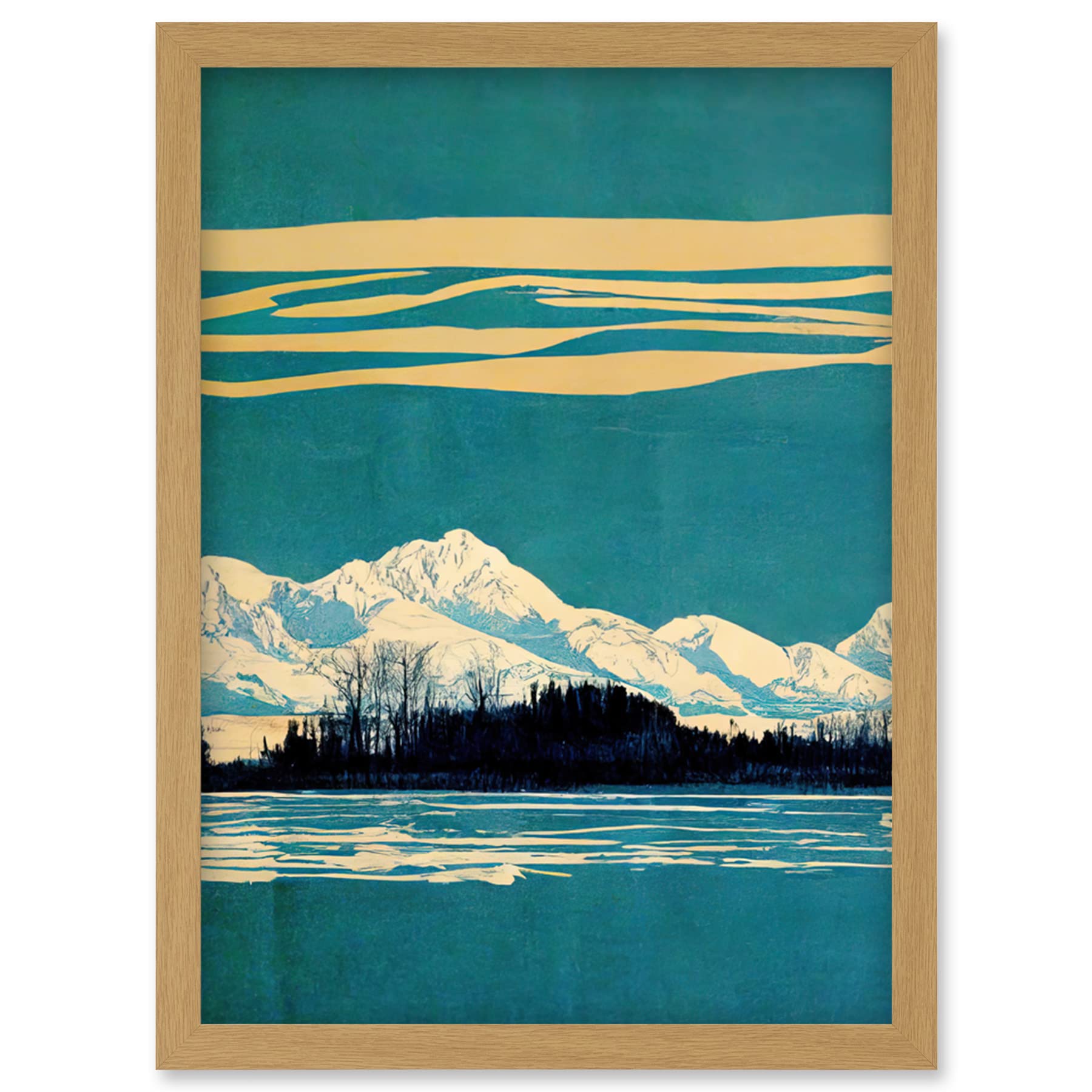 Wee Blue Coo Winter Lakeside Landscape With Snowy Mountains Duotone Teal Artwork Framed Wall Art Print A4