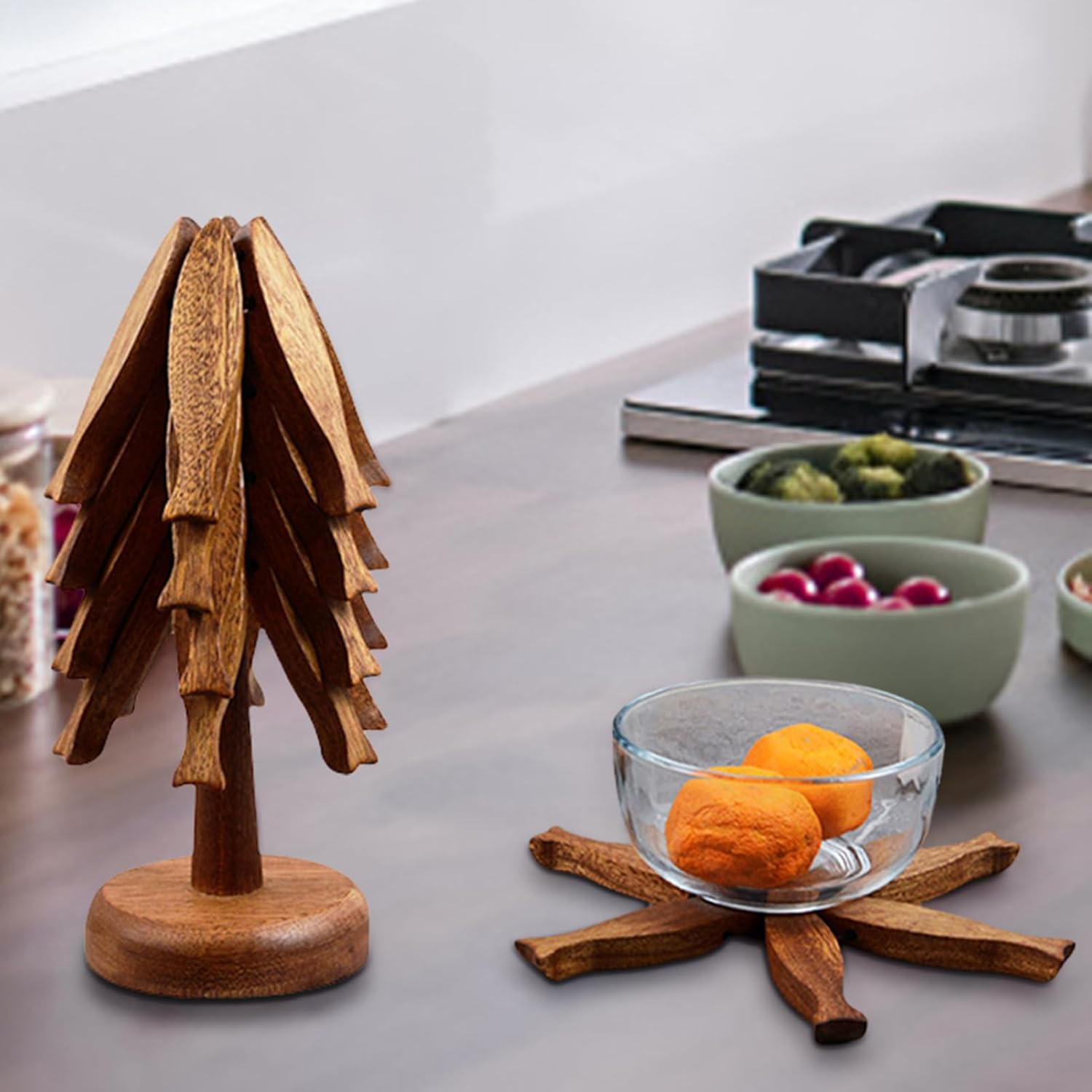 Wooden Trivet Dishes, Table Mat Set, 3.54x8.46 Inches Decorative Heat Resistant Pads with Stand, Rustic Desktop Kitchen Tabletop Protector for Cooking and Dining, Hot Pots Pans Use