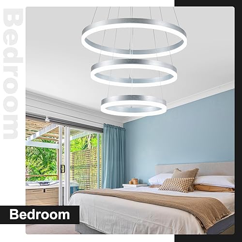 Miniatura 9 de Buccleuch Candelabro LED regulable de 3 anillas, luz colgante plateada moderna ajustable en altura, lámpara de techo de acrílico alto para comedor,