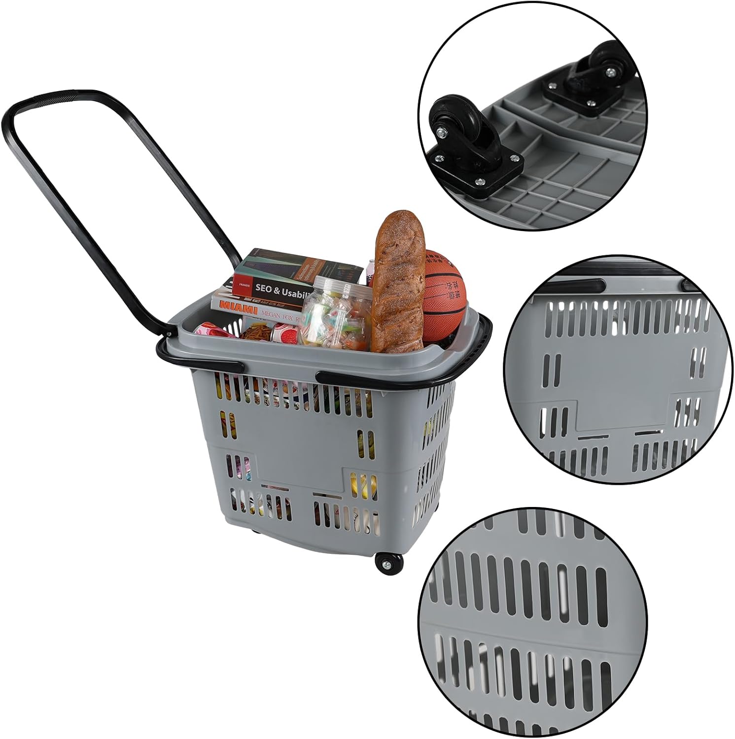 Kiddream 4 Pack Plastic Rolling Shopping Basket with Wheels, Large Portable Grocery Basket, Grey