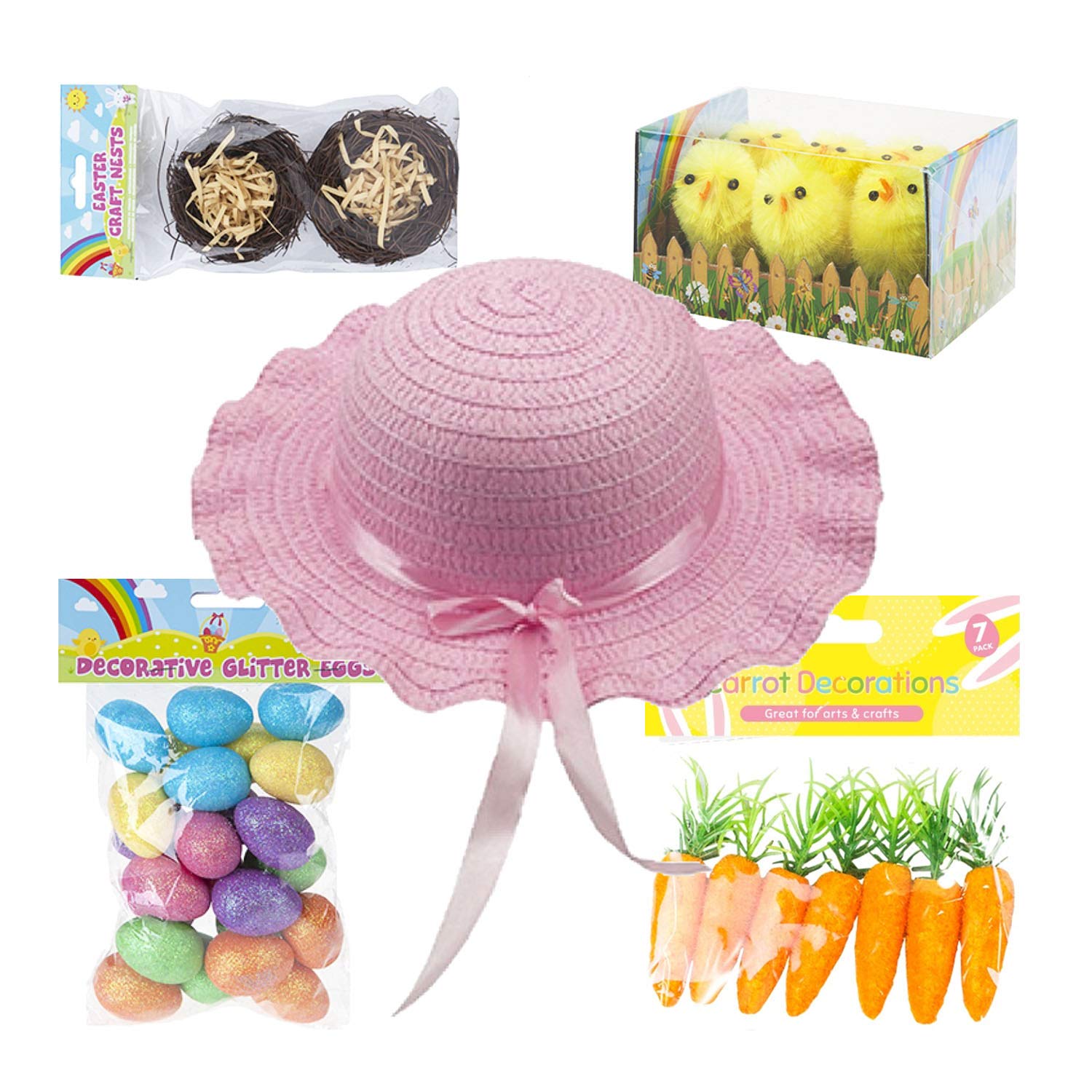 Akh Girls Akh® Easter Bonnet Complete Kit | Easter Bonnet Set Make Your Own Easter Bonnet Hat | Easter Eggs Chicks Carrots Craft Nests With Bonnet Hat | 32Pcs | Easter Craft Supplies