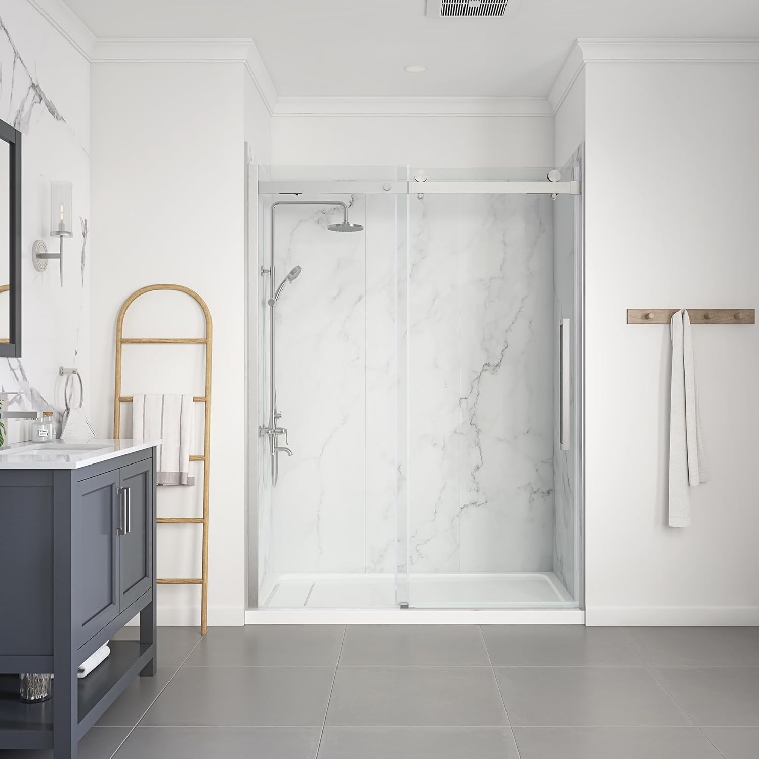 OVE Decors Bel 60-in W x 81-in H Frameless Sliding Shower Door Alcove Shower Kit, Shower Base and Misty Shower Wall Included in Satin Nickel and Clear Glass