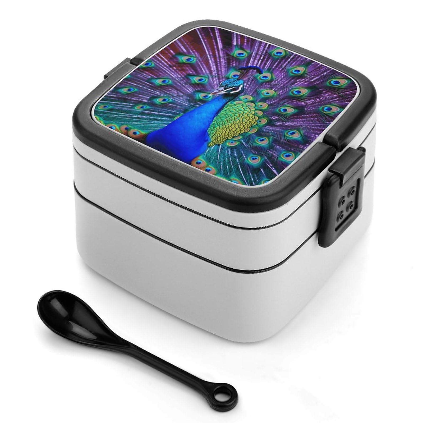 JTREHY Reusable Leakproof Bento Box,Beauty Peacock Printed 2 Layer Stackable Lunch Box with Spoon Portable Large Lunch Box for Dining Out, Work, Picnic, Travel