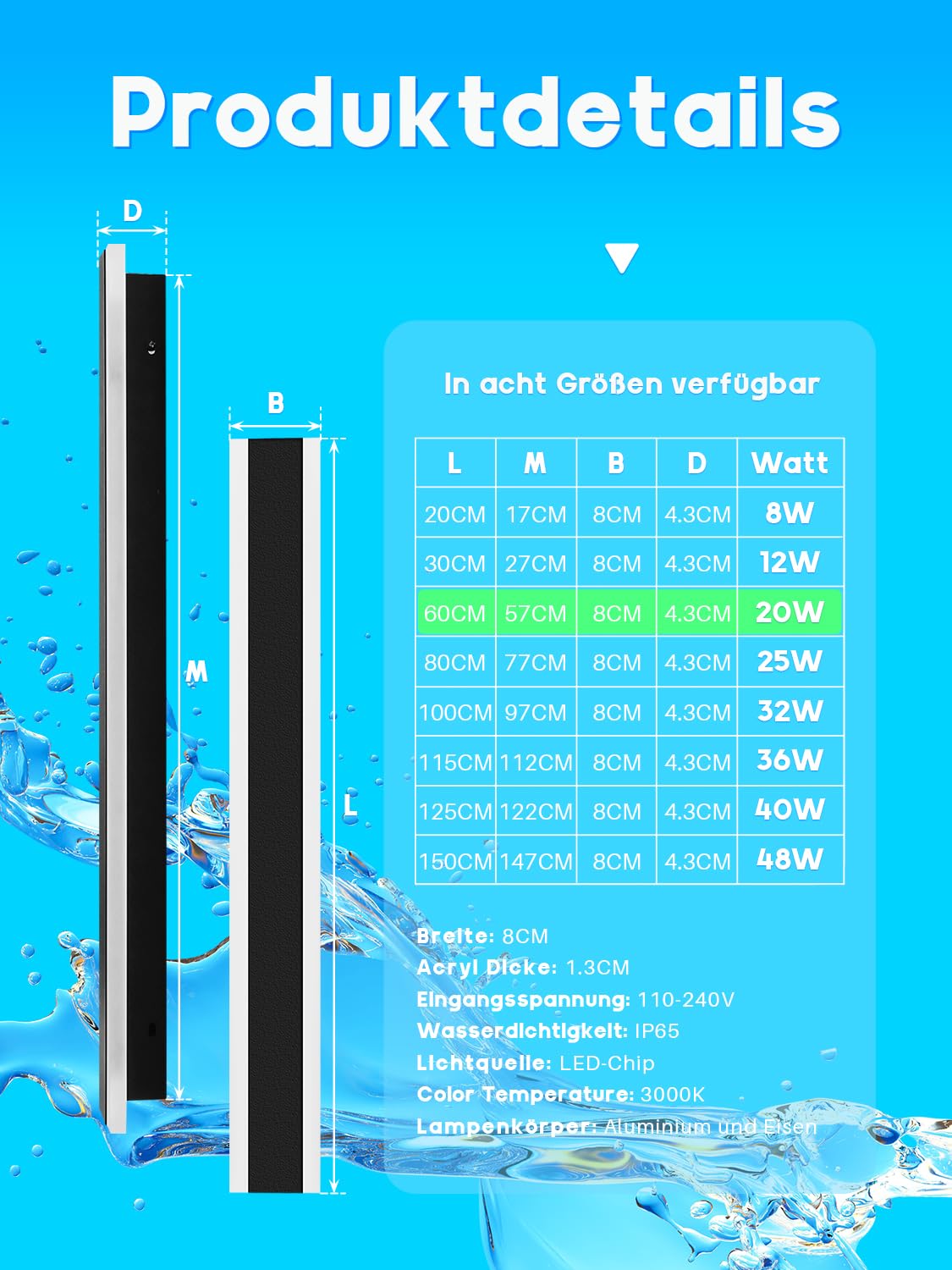 LED Lange Wandlampe Villa außenlampe Villa Porch Wandlampe Außen IP65 Wasserdicht Wandleuchten Schwarz Lange Lichtleiste Iron aussenlampe wand Acryl Warmes Licht Gartenleuchte-150CM,Warmes Licht