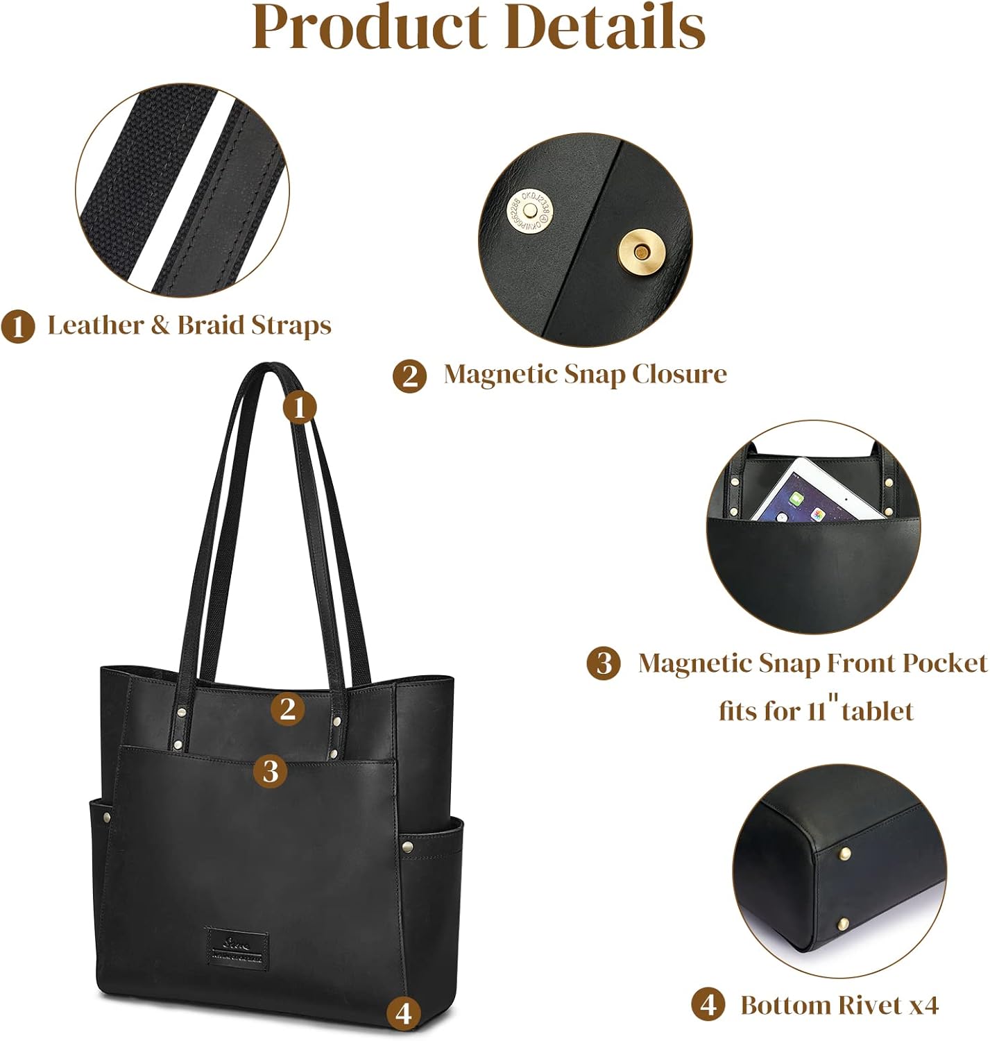 S-ZONE Genuine Leather Tote Bag Large Shoulder Purse Work Vintage Handbag for Women - Image 5