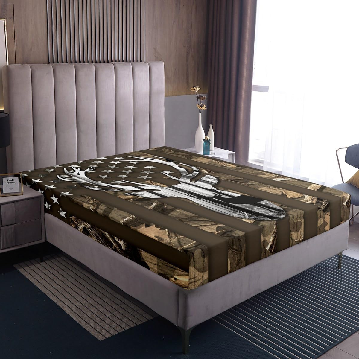 Camouflage USA Flag Fitted Sheet Full Size,Brown Camo Deer Antlers and Trees All-Round Elastic Deep Pocket Bed Cover,American Flag Room Decor Microfiber Mattress Cover, No Flat Sheet