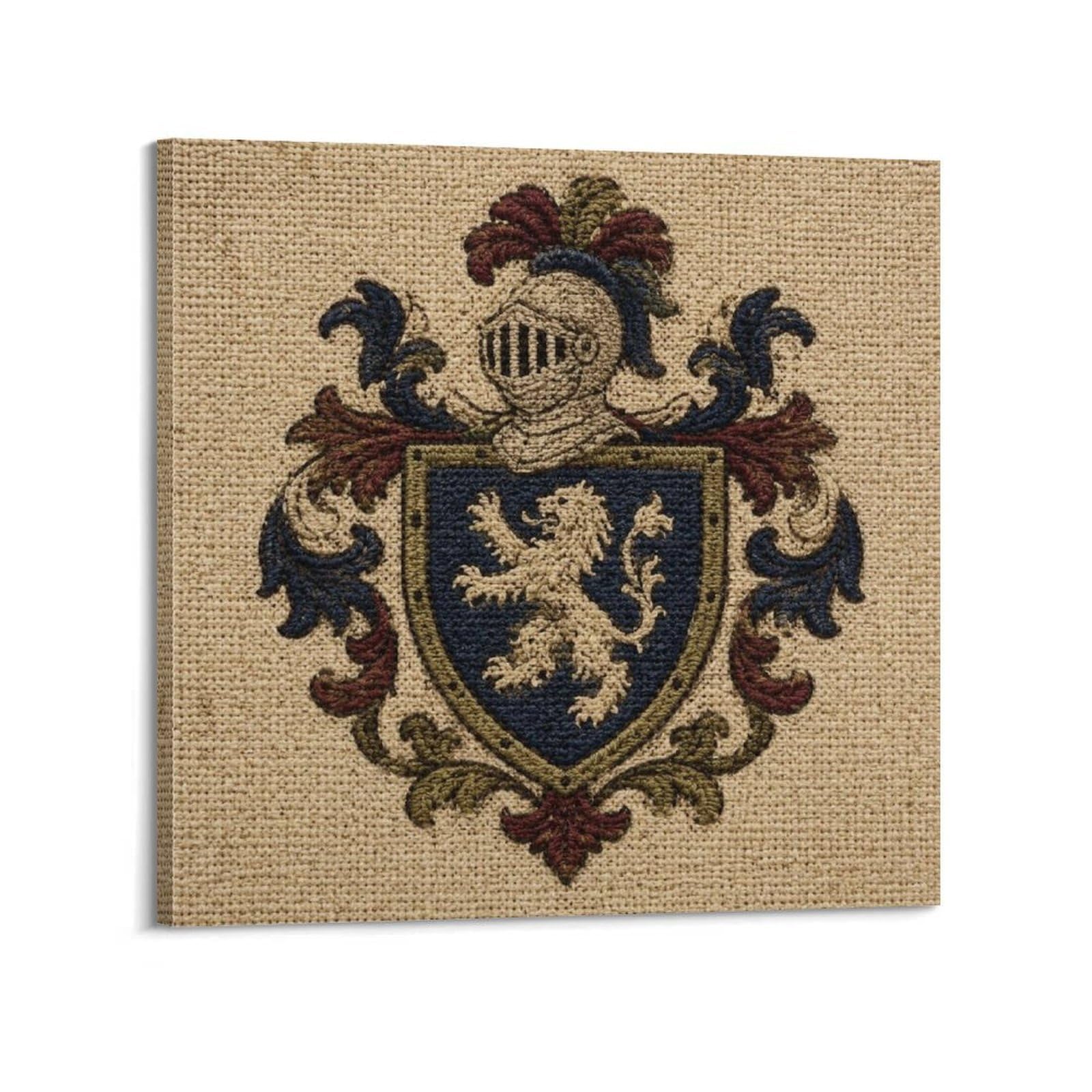 XKUGA Heraldic Shield Vintage Poster Embroidered Medieval Lion Crest Modern Decorative Canvas Prints - Ideal Wall Art for Family, Man Cave, Game Room, Boys & Girls Bedroom 28x28inch(70x70cm)