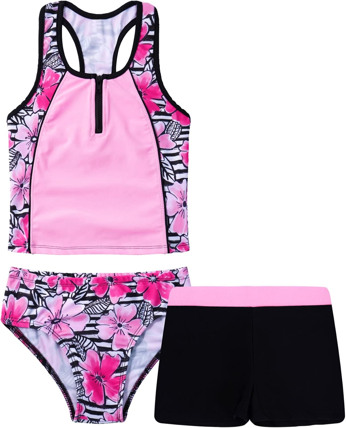 Choomomo Kids Girls Floral Printing Tops with Shorts Bottoms 3 Pieces Tankini Set Swimsuit Bathing Suit